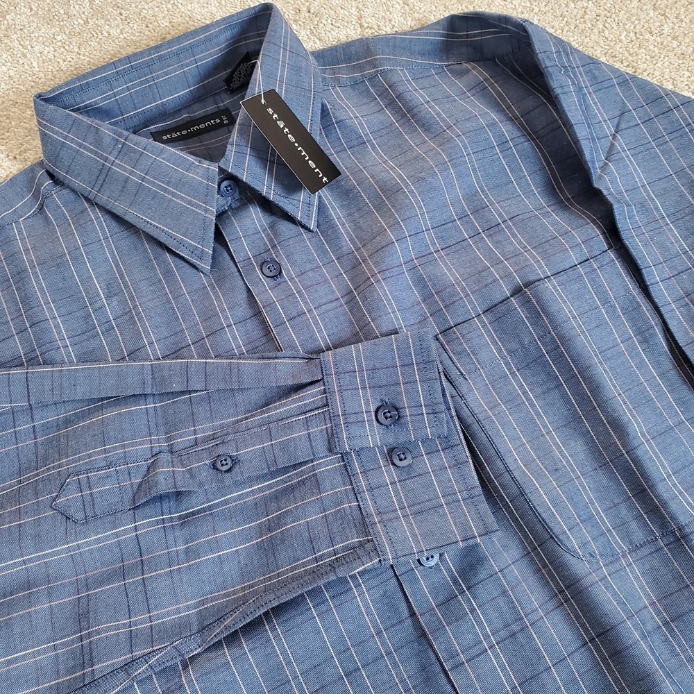 Statements Brand Men's Button Up Shirt Size L Blue Plaid‎  Long Sleeve NWTG
